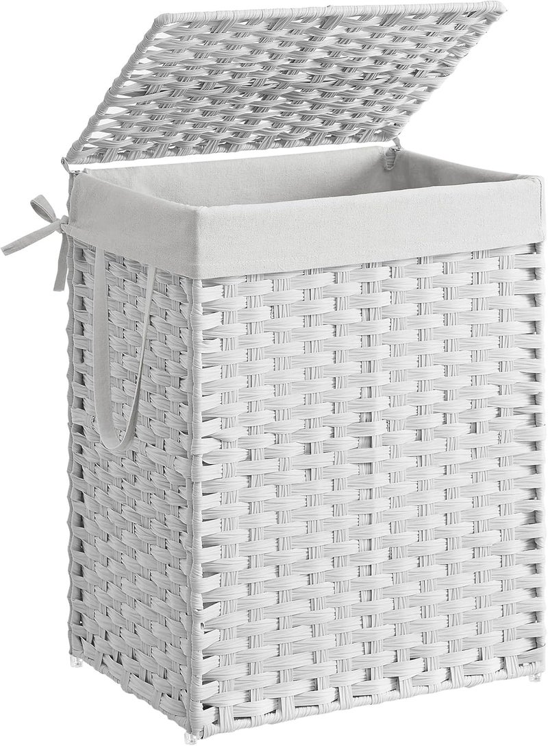 SONGMICS Handwoven Laundry Basket, 90L Synthetic Rattan Clothes Hamper with Lid and Handles, Foldable, Removable Liner Bag, White - Image 1