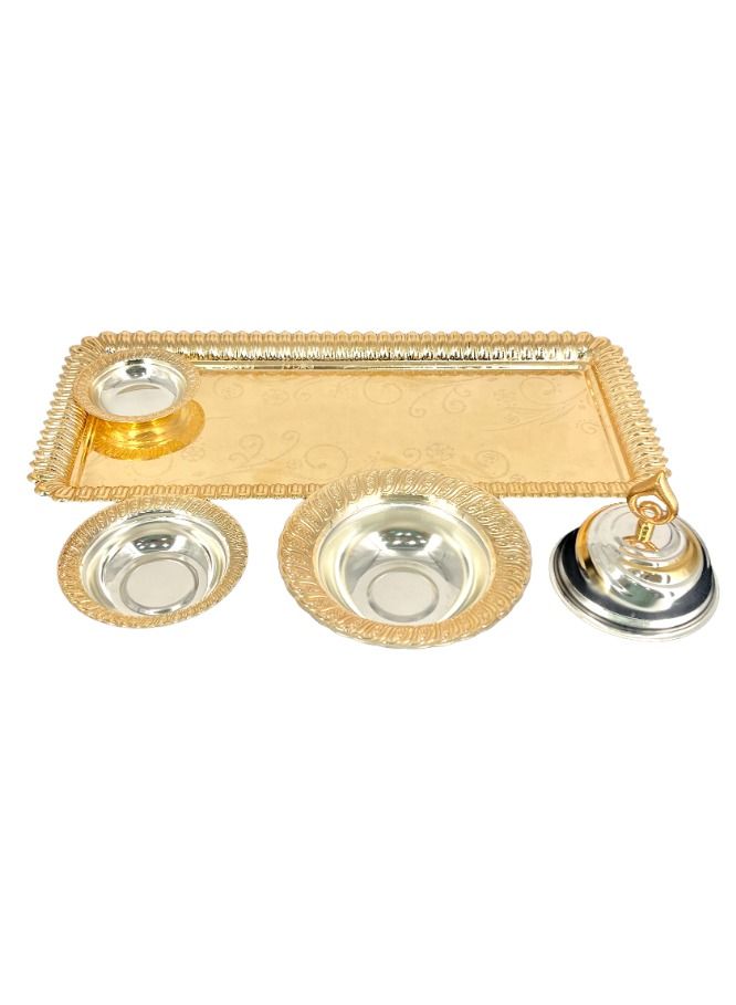 ريفان طقم أوعية تمور من 1 دائري بغطاء ووعاء 2 قطعة بأحجام مختلفة وصينية تقديم مستطيلة فضي / ذهبي - Image 2
