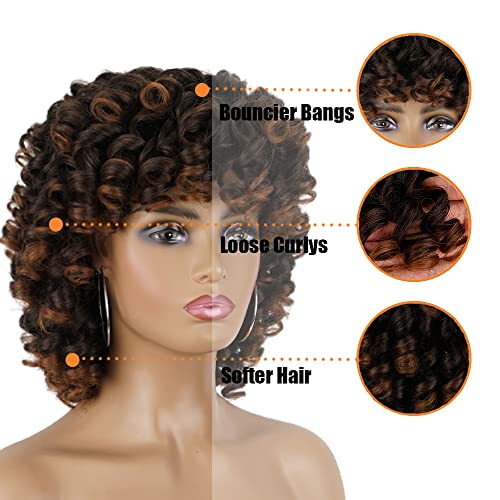 PHOENIXFLY Curly Wigs for Black Women Short Curly Wigs for Women Curly Synthetic Hair Heat Resistant Hair Replacement with Wig Caps (Black Mixed Brown) - Image 5
