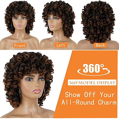 PHOENIXFLY Curly Wigs for Black Women Short Curly Wigs for Women Curly Synthetic Hair Heat Resistant Hair Replacement with Wig Caps (Black Mixed Brown) - Image 2