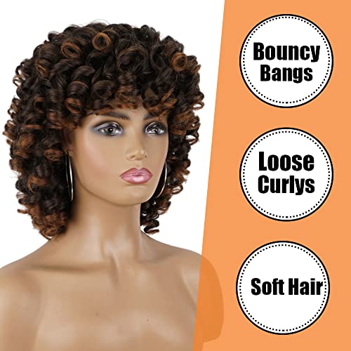 PHOENIXFLY Curly Wigs for Black Women Short Curly Wigs for Women Curly Synthetic Hair Heat Resistant Hair Replacement with Wig Caps (Black Mixed Brown) - Image 3