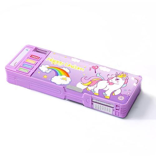 Ristpal Pop Up Multifunction Pencil Case with Pencil and Eraser, Cute Cartoon Pen Box Organizer Stationery, Sharpener, Schedule, Best Birthday Gifts for Kids Teens(Purple unicorn) - Image 1