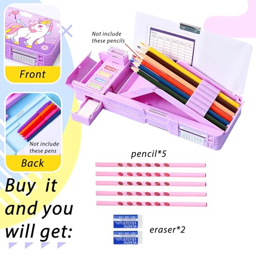 Ristpal Pop Up Multifunction Pencil Case with Pencil and Eraser, Cute Cartoon Pen Box Organizer Stationery, Sharpener, Schedule, Best Birthday Gifts for Kids Teens(Purple unicorn) - Image 5