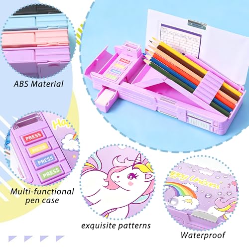 Ristpal Pop Up Multifunction Pencil Case with Pencil and Eraser, Cute Cartoon Pen Box Organizer Stationery, Sharpener, Schedule, Best Birthday Gifts for Kids Teens(Purple unicorn) - Image 4