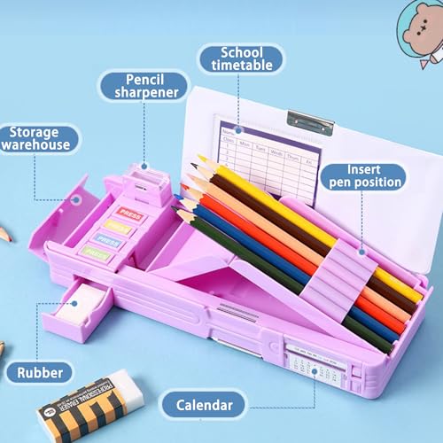 Ristpal Pop Up Multifunction Pencil Case with Pencil and Eraser, Cute Cartoon Pen Box Organizer Stationery, Sharpener, Schedule, Best Birthday Gifts for Kids Teens(Purple unicorn) - Image 2