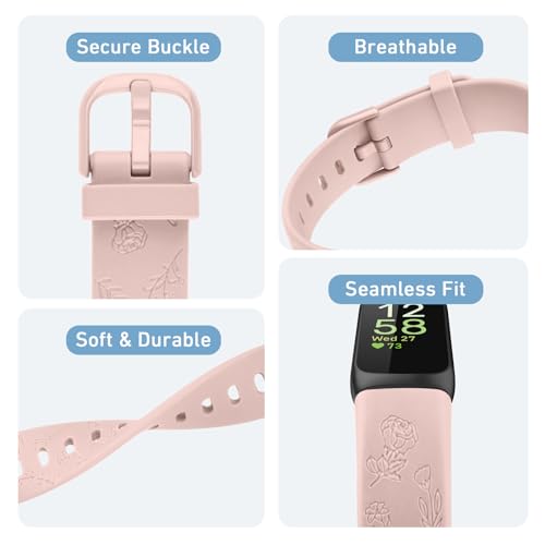Meliya Compatible with Fitbit Inspire 3 Bands for Women Men, Floral Engraved Silicone Straps Replacement Wristband for Fitbit Inspire 3 Fitness Tracker (Baby Blue+Pink+White) - Image 3