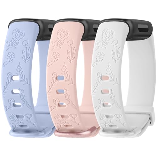Meliya Compatible with Fitbit Inspire 3 Bands for Women Men, Floral Engraved Silicone Straps Replacement Wristband for Fitbit Inspire 3 Fitness Tracker (Baby Blue+Pink+White) - Image 1