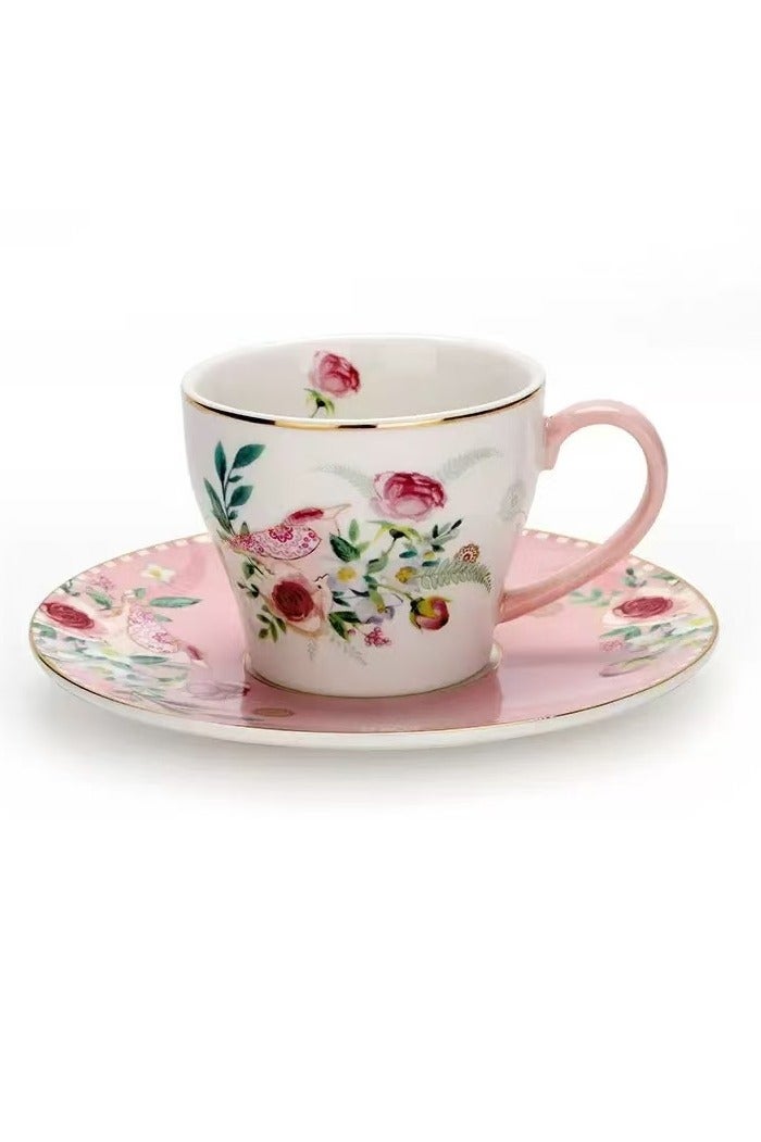 Floris 2pcs Tea Sets, Vintage Floral Coffee Mug With Saucer Set, With White Retro Floral And Bird Design Cup, Pink Retro Floral Design Saucer,Porcelain Modern Water Cup For Office And Home,Cup Saucer For Latte, Tea, Milk, Gift Box For Mother's Day Or Birthday. - Image 1
