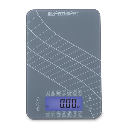 SmartHeart Digital Kitchen Food Scale with Calorie & Carb Calculator | Precision Sensors | Tempered Glass Platform | Unit Conversions: oz, lbs, g, ml | 14 Pre-Set Foods | Touch Controls & LCD Display - Image 1