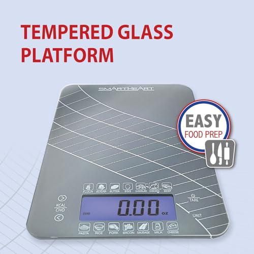 SmartHeart Digital Kitchen Food Scale with Calorie & Carb Calculator | Precision Sensors | Tempered Glass Platform | Unit Conversions: oz, lbs, g, ml | 14 Pre-Set Foods | Touch Controls & LCD Display - Image 3