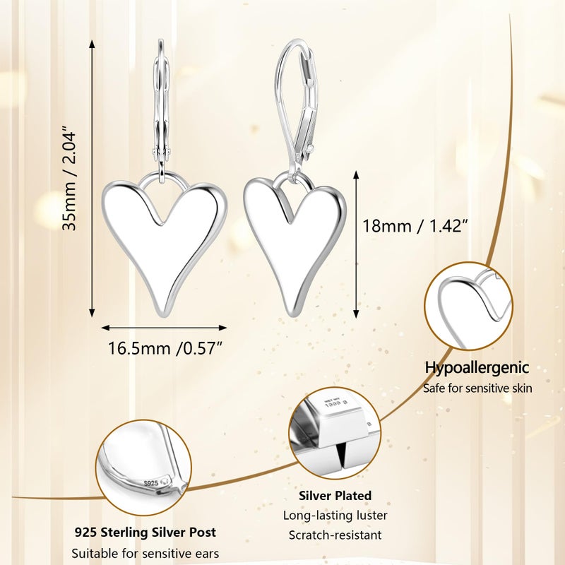 ALEXCRAFT Sterling Silver Earrings for Women 925 Leverback Silver Heart Earrings Hypoallergenic Trendy Dangle Drop Dangling Earrings Silver for Women - Image 5