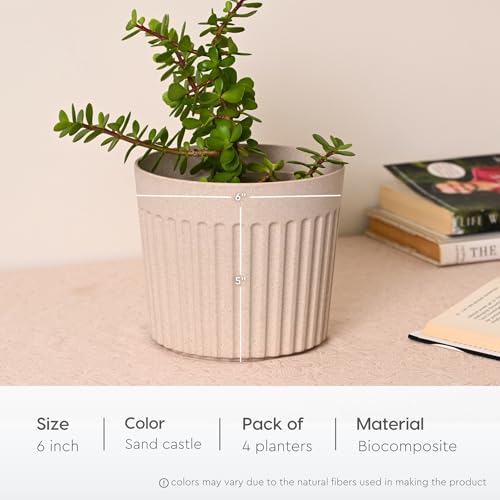 Eha Earth Friendly Romano 6 inch Planters for Home Décor | Set of 4 |Plant Pot Made with Bamboo Fibers | UV Protected Pots & Planters | Flower Pot for Living Room | Sand Castle - Image 2