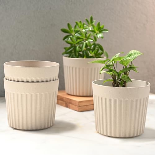 Eha Earth Friendly Romano 6 inch Planters for Home Décor | Set of 4 |Plant Pot Made with Bamboo Fibers | UV Protected Pots & Planters | Flower Pot for Living Room | Sand Castle - Image 1