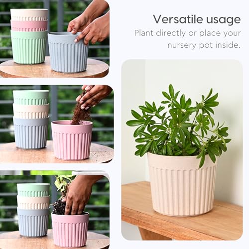 Eha Earth Friendly Romano 6 inch Planters for Home Décor | Set of 4 |Plant Pot Made with Bamboo Fibers | UV Protected Pots & Planters | Flower Pot for Living Room | Sand Castle - Image 4