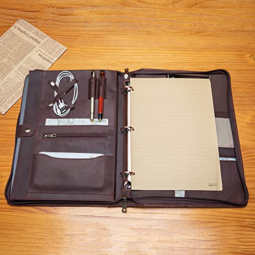 YIWEN Handmade Genuine Leather Portfolio, Zippered Padfolio with 3 Ring Binder, Professional Business Organizer, Resume Folder, Notebook Organizer with Tablet Document Holder for Men, Women, Business Trip - Image 2