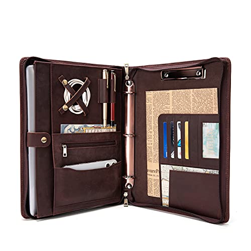 YIWEN Handmade Genuine Leather Portfolio, Zippered Padfolio with 3 Ring Binder, Professional Business Organizer, Resume Folder, Notebook Organizer with Tablet Document Holder for Men, Women, Business Trip - Image 1