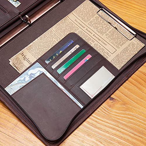 YIWEN Handmade Genuine Leather Portfolio, Zippered Padfolio with 3 Ring Binder, Professional Business Organizer, Resume Folder, Notebook Organizer with Tablet Document Holder for Men, Women, Business Trip - Image 3