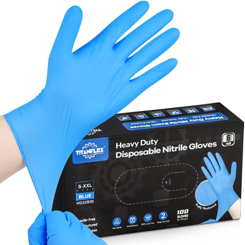 TitanFlex HeavyDuty Blue Disposable Nitrile Gloves Medium Box of 100 6mil Fully Textured PowderFree LatexFree
