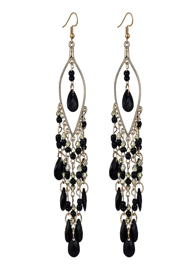 FUTIMELY Long Beaded Tassel Earrings Bohemia Native Tassel Drop Earrings Handmade Seed Bead Tribal Dangle Earrings Boho Multicolor Crystal Beaded Tassel Earrings for Women (Black) - Image 1