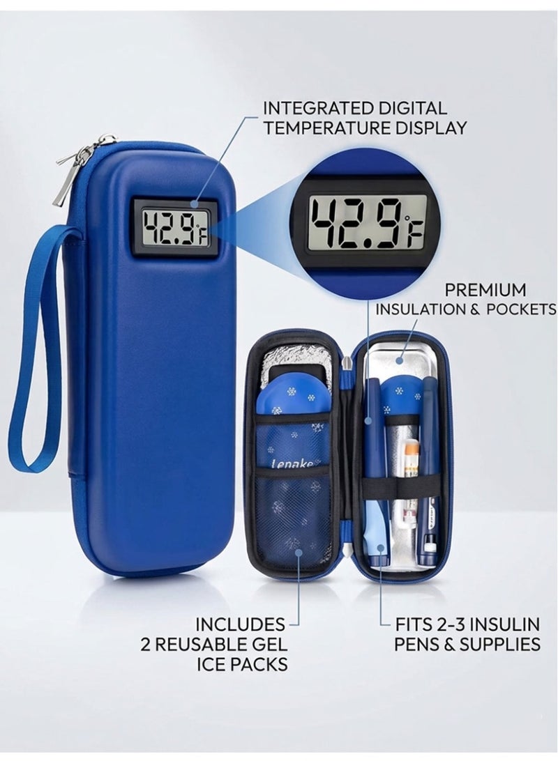 Insulin Travel Case with Temperature Display - Refrigerated Medicine Travel Case, Diabetes Cooler Travel Box for Diabetic Supplies with 2 Nylon Ice Packs (Blue) - Image 1