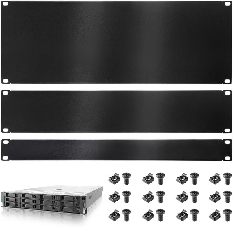 1U, 2U, 4U Server Rack Mount Filler Panel, Blank Rack Mount Panel Spacers 3Pcs, Black Matte Metal Mount Panel Spacers for 19-Inch Enclosure Rack, Network Cabinet, Server Rack - Image 1