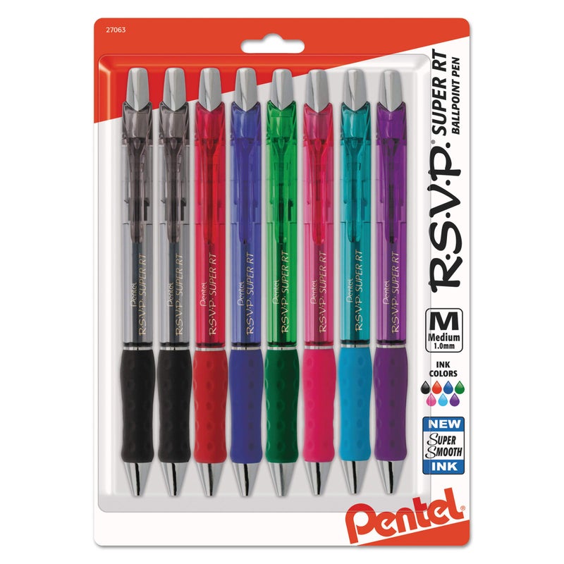 Pentel BX480BP8M R.S.V.P. Super RT Retractable Ballpoint Pen, 1 mm, Assorted Barrel/Ink, 8 Pack - Image 1