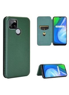 HuHa Case Cover For Realme V3 Carbon Fiber Texture Horizontal Flip TPU + PC + PU Leather Case with Card Slot Green 