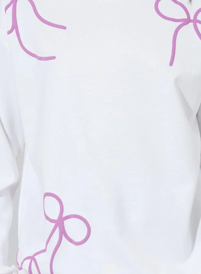 Styli  Teen Girls Off White Bow Print Sweatshirt and Purple Pintuck Straight Leg Pants Set for Women | Best Price UAE