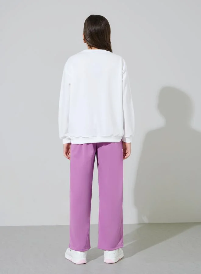 Styli  Teen Girls Off White Bow Print Sweatshirt and Purple Pintuck Straight Leg Pants Set for Women | Best Price UAE