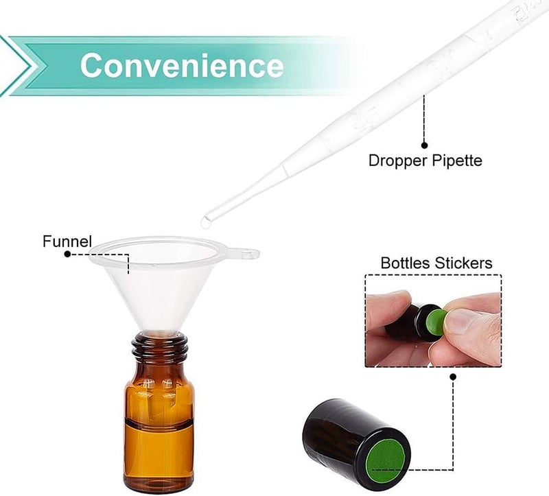 BENECREAT 30 Pack Amber Glass Bottle 3ml with Black Cap Mini Brown Essential Oil Roll on Bottle with Hoppers, Coin Opener, Dropper and Sticker Sheet - Image 4