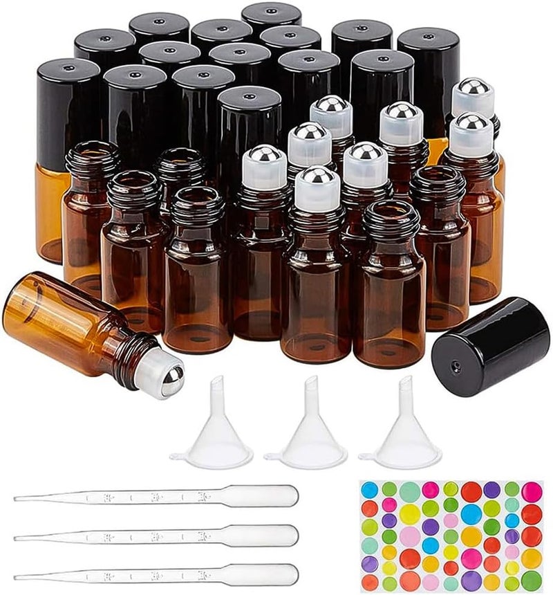 BENECREAT 30 Pack Amber Glass Bottle 3ml with Black Cap Mini Brown Essential Oil Roll on Bottle with Hoppers, Coin Opener, Dropper and Sticker Sheet - Image 1