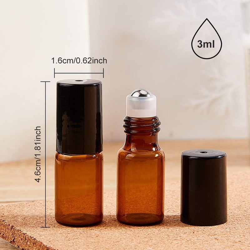 BENECREAT 30 Pack Amber Glass Bottle 3ml with Black Cap Mini Brown Essential Oil Roll on Bottle with Hoppers, Coin Opener, Dropper and Sticker Sheet - Image 2