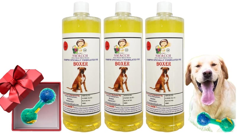 swacch Boxer Dog Shampoo + Dumbbell Toy I Durable Rubber Dog Toy for Chewing I Playing,Teeth Cleaning & Training Toy I Combo Pack I 1 Litre Pack of 3 Lemon - Image 1