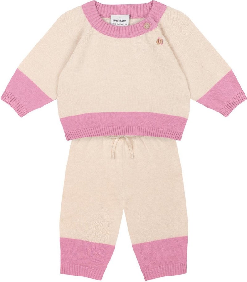 Antebies Pink Contrast Cream Knitwear Set  - Image 1