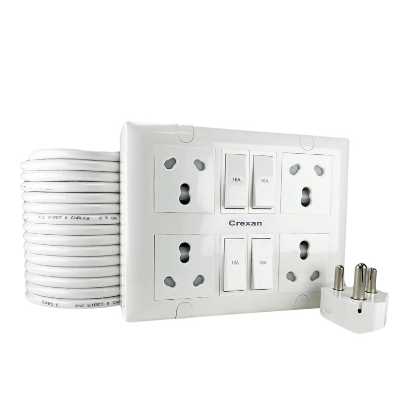Crexan Extension Board 16A 2500 Wattage with 6A16A Socketwith Safety Shutter 16A Switch 25 Sqmm 3 Core White Copper Wire for Heavy Duty Home Appliance 2500 Wattage Small Plug 4 Meter - Image 1