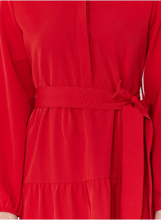 trendyol Red Belted Magnificent Collar Button Detailed Woven Dress TCTSS21EL3343  - Image 4