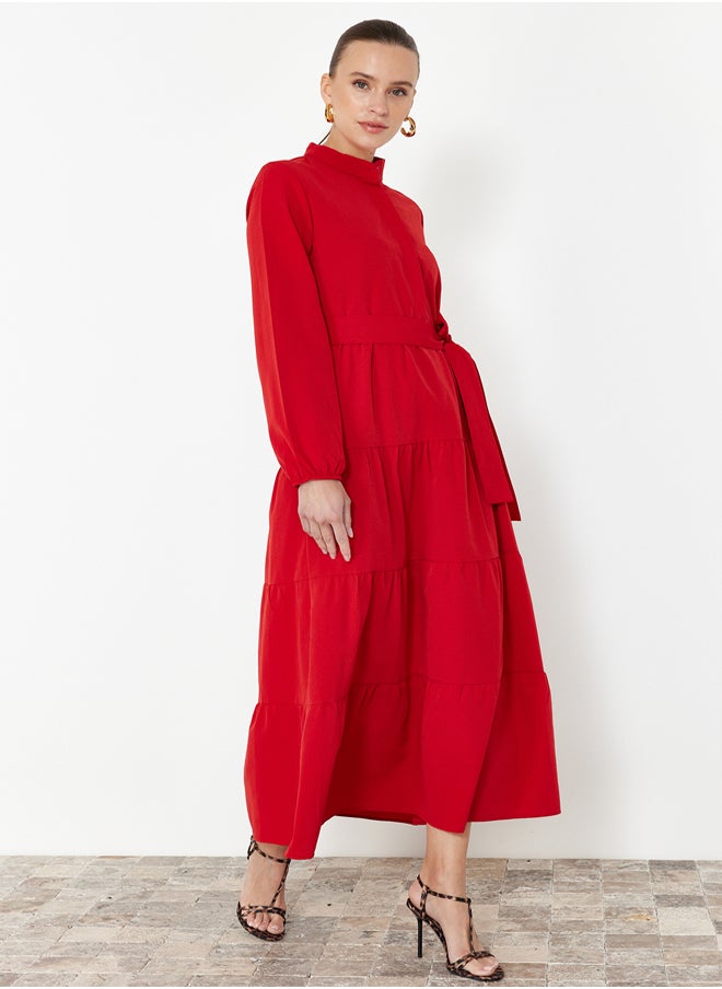 trendyol Red Belted Magnificent Collar Button Detailed Woven Dress TCTSS21EL3343  - Image 3