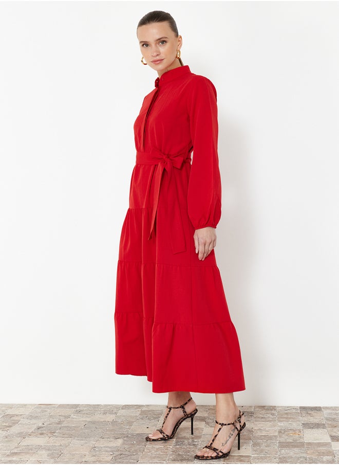 trendyol Red Belted Magnificent Collar Button Detailed Woven Dress TCTSS21EL3343  - Image 2