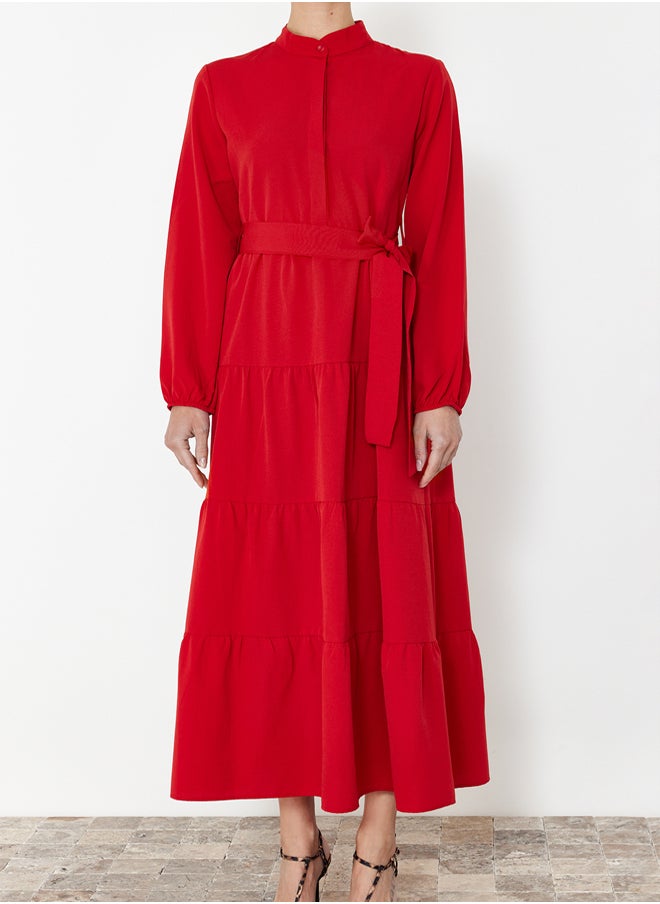 trendyol Red Belted Magnificent Collar Button Detailed Woven Dress TCTSS21EL3343  - Image 5