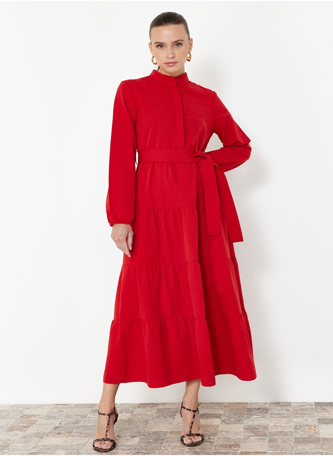 trendyol Red Belted Magnificent Collar Button Detailed Woven Dress TCTSS21EL3343  - Image 1