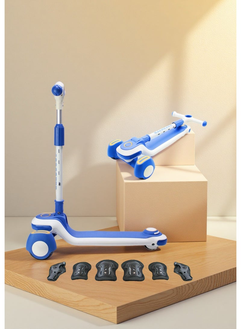 إيزي فيتشور سكوتر EASY FUTURE القابل للطي للأطفال بمقبض قابل لتعديل الارتفاع، وعجلات LED PU، وفرامل خلفية وموسيقى - مثالي للأعمار من 3 إلى 8 سنوات بما في ذلك مجموعة معدات الحماية - Image 1