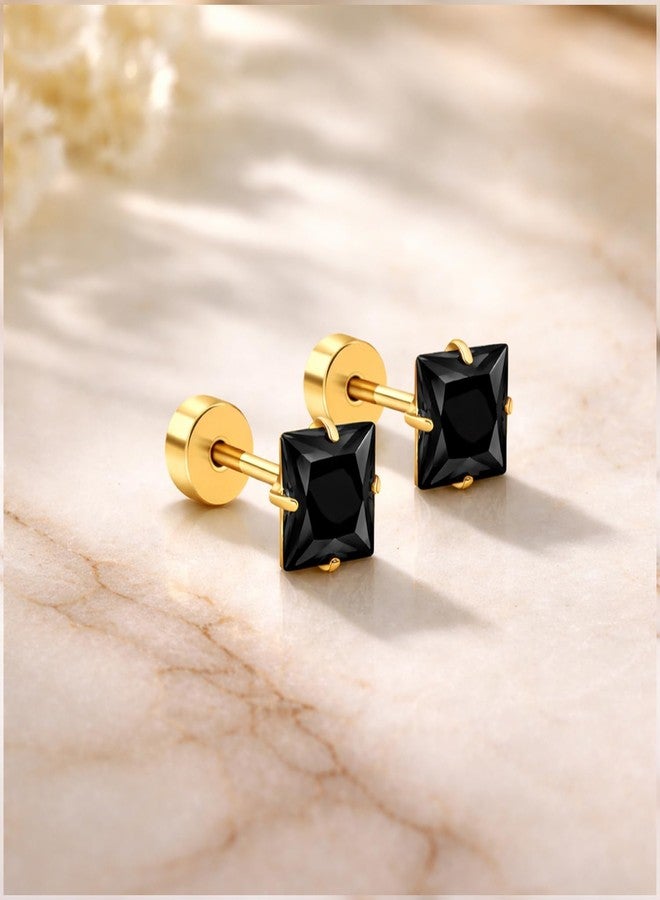 VAMA FASHIONS 4mm 18K Gold Plated Stainless Steel Anti Tarnish Piercing Square Shape Black Stone Ear Ring Stud Hypoallergenic Lightweight Studs Earrings for Women & Girls - Image 4