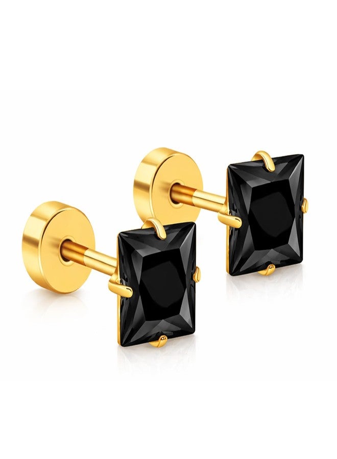 VAMA FASHIONS 4mm 18K Gold Plated Stainless Steel Anti Tarnish Piercing Square Shape Black Stone Ear Ring Stud Hypoallergenic Lightweight Studs Earrings for Women & Girls - Image 1
