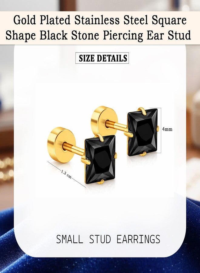 VAMA FASHIONS 4mm 18K Gold Plated Stainless Steel Anti Tarnish Piercing Square Shape Black Stone Ear Ring Stud Hypoallergenic Lightweight Studs Earrings for Women & Girls - Image 3
