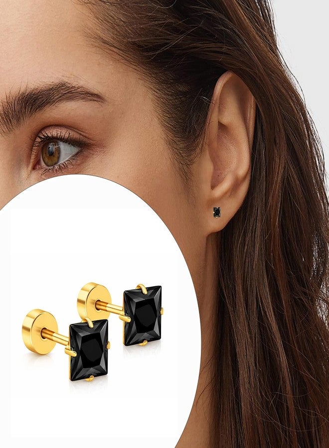 VAMA FASHIONS 4mm 18K Gold Plated Stainless Steel Anti Tarnish Piercing Square Shape Black Stone Ear Ring Stud Hypoallergenic Lightweight Studs Earrings for Women & Girls - Image 2