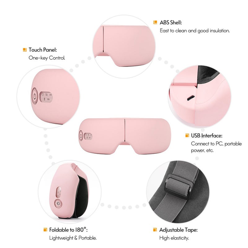 Electric Eye Massager with Heat Vibration for Relieve Eye Strain Built-in Battery Adjustable Elastic Band 4 Modes BT Music Connection Pink - Image 5