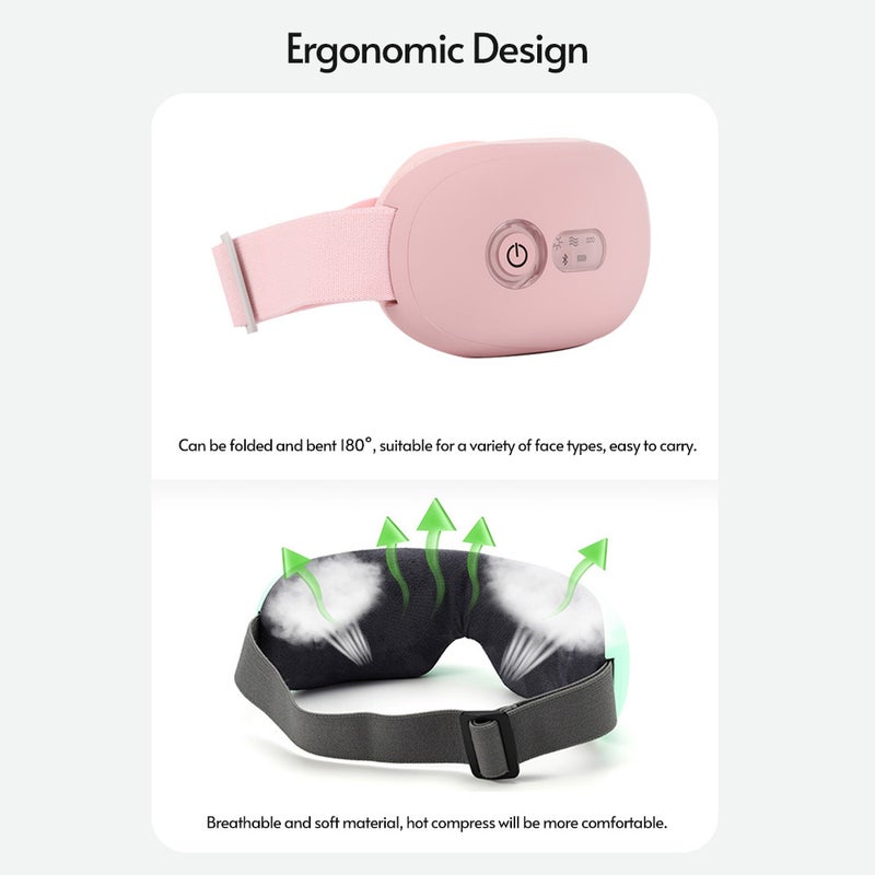 Electric Eye Massager with Heat Vibration for Relieve Eye Strain Built-in Battery Adjustable Elastic Band 4 Modes BT Music Connection Pink - Image 3