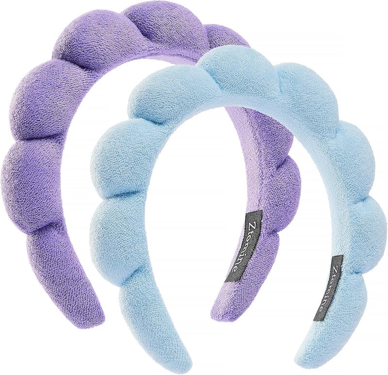 Flexible varied design Hairband, Set of 2 - Thick Absorbent Terry Cloth Spa Headbands in Blue and Light Purple for Washing Face or Facial, Puffy Makeup Headbands for Face Washing, Mask Combo Pack Sand resistant - Image 1