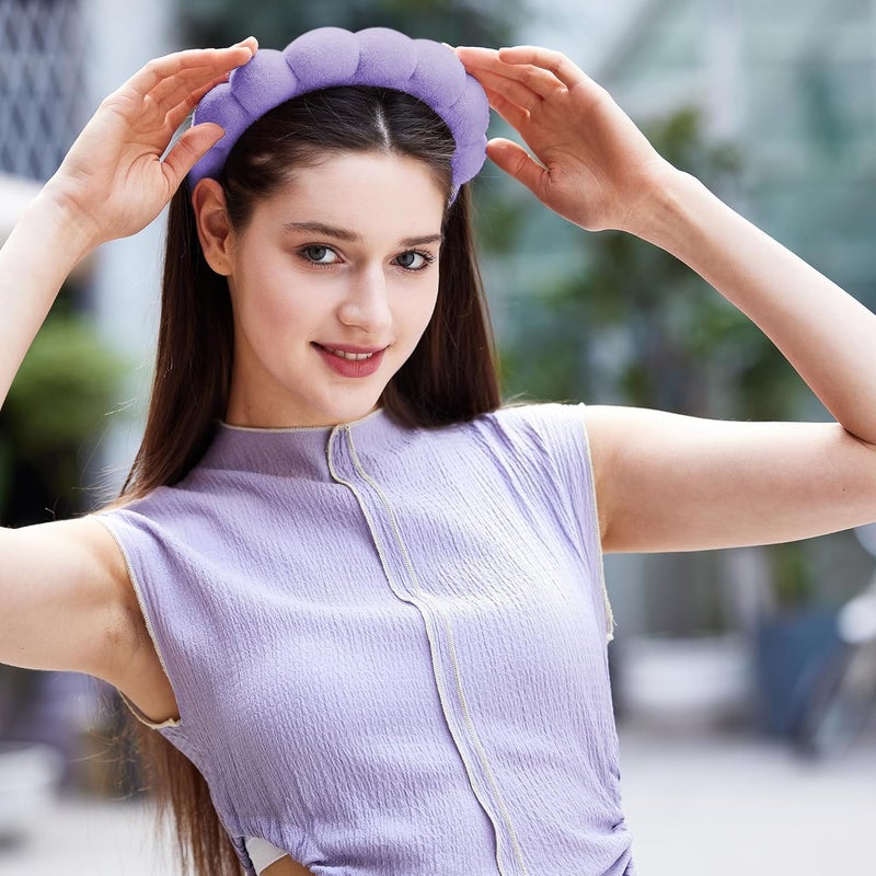 Flexible varied design Hairband, Set of 2 - Thick Absorbent Terry Cloth Spa Headbands in Blue and Light Purple for Washing Face or Facial, Puffy Makeup Headbands for Face Washing, Mask Combo Pack Sand resistant - Image 4