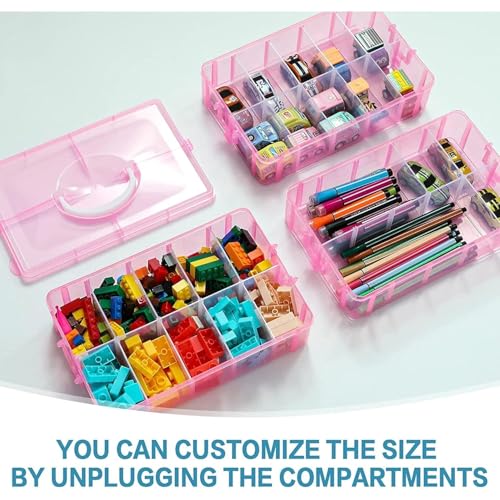 HOLLIO Plastic Storage Box 3-Tier Stackable Storage Containers with lids -30 Adjustable Compartments for Craft Organizers and Storage for Jewelry, beads,beauty,makeup and sewing supplies (PINK) - Image 4